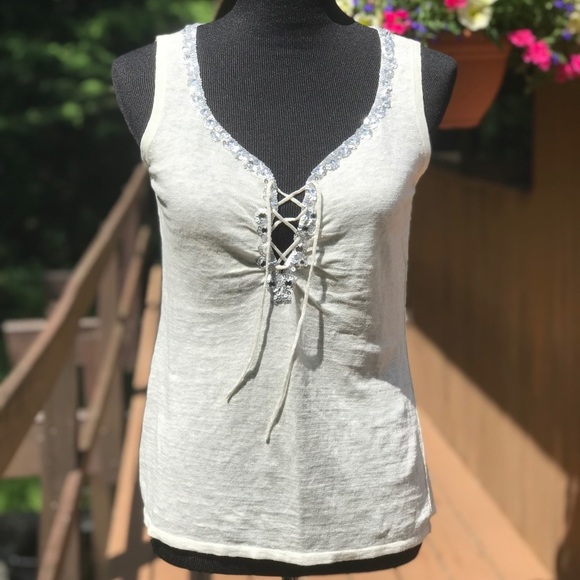 White Warren Sequin Linen Sleeveless w Tie Front - Picture 1 of 6